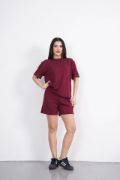 Osy Modal Yumuşak Dokulu Kumaş Bisiklet Yaka T-shirt Kısa Şort İkili Takım - Bordo resmi
